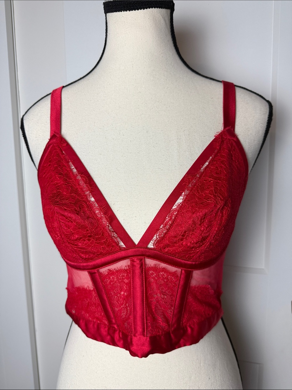 Victoria’s Secret red lace corset sheer mesh cutout very sexy bra top 36C
